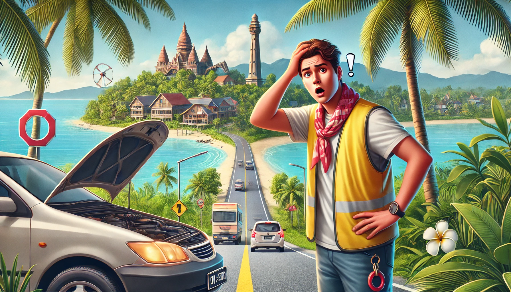 "Ilustrasi penyewa mobil di Tanjungpinang-Bintan sedang mengecek kondisi kendaraan sebelum digunakan."